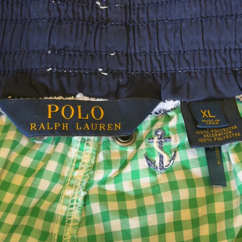 Polo Ralph Lauren Mens XL‎ Swim Trunks Green Gingham Anchor Embroidered Shorts